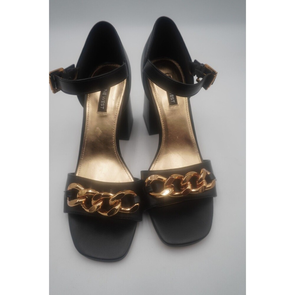 Nine West Black Jerri Chain Link Dress Ankle Chunky Heel Strap Sandals Size 9.5M